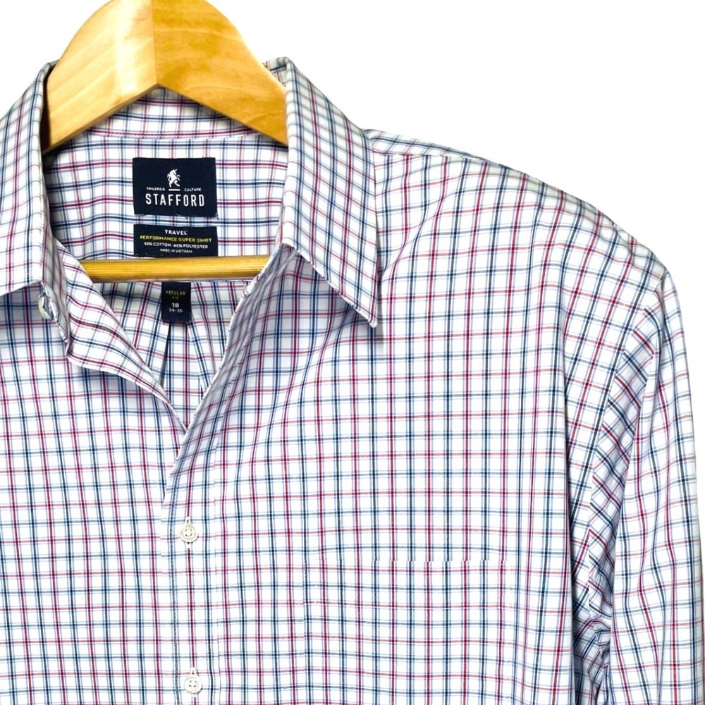 Stafford Travel Performance Mens 18 34-35 Regular Fit Plaid Button Down Shirt